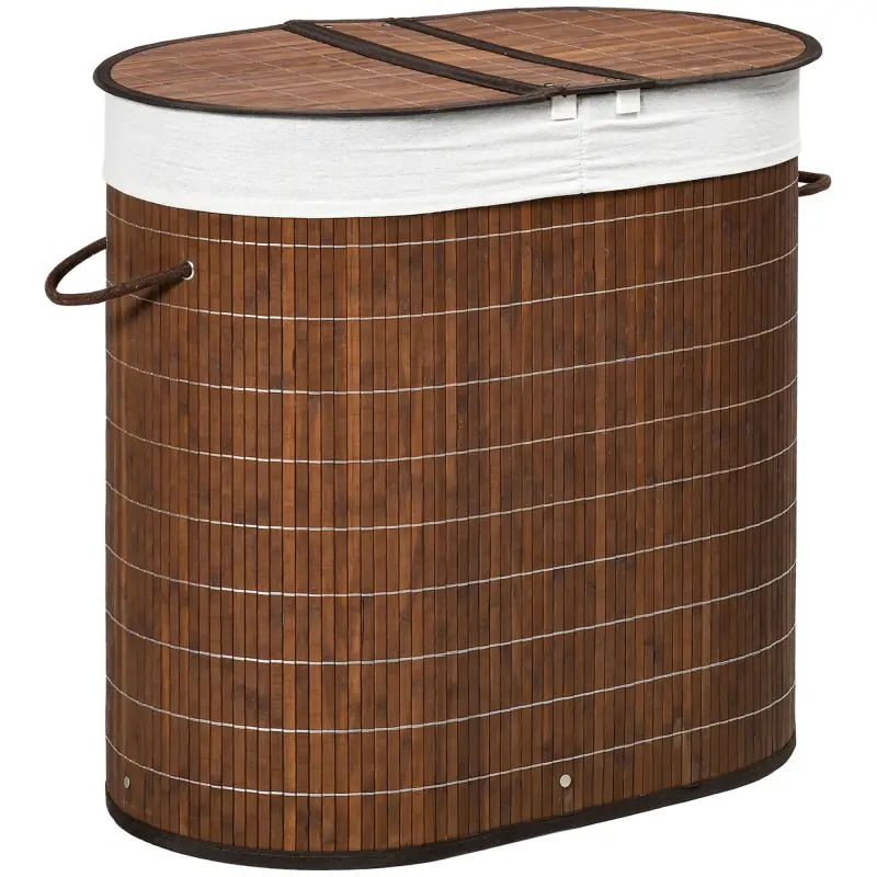 Cesto para Ropa Sucia de Bambú Capacidad de 100L Cesta para la Colada con 2 Compartimentos 62,5x37x60,5cm Marrón