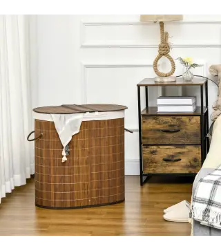 Cesto para Ropa Sucia de Bambú Capacidad de 100L Cesta para la Colada con 2 Compartimentos 62,5x37x60,5cm Marrón