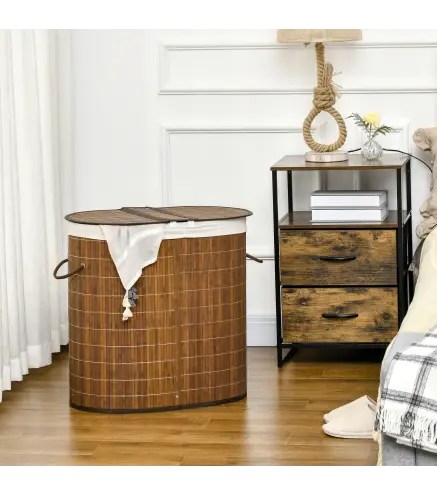 Cesto para Ropa Sucia de Bambú Capacidad de 100L Cesta para la Colada con 2 Compartimentos 62,5x37x60,5cm Marrón