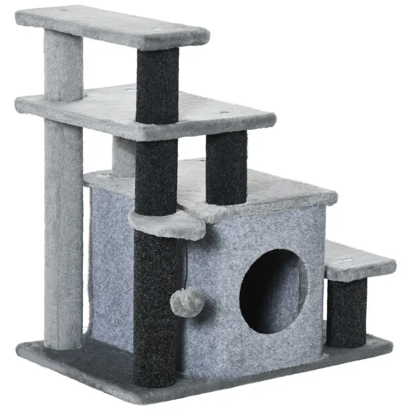 Escalera para Gatos de 4 Peldaños Escalón para Mascotas Ajustable con Cueva y Bola Colgante 60x40x66 cm Gris