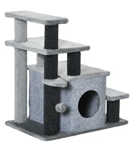 Escalera para Gatos de 4 Peldaños Escalón para Mascotas Ajustable con Cueva y Bola Colgante 60x40x66 cm Gris