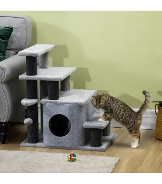 Escalera para Gatos de 4 Peldaños Escalón para Mascotas Ajustable con Cueva y Bola Colgante 60x40x66 cm Gris
