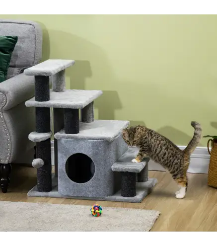 Escalera para Gatos de 4 Peldaños Escalón para Mascotas Ajustable con Cueva y Bola Colgante 60x40x66 cm Gris
