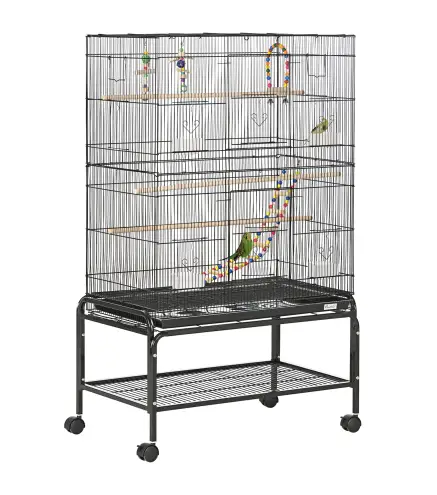 Jaula para Pájaros con Ruedas 79x49x133 cm Pajarera Metálico con 4 Comederos 3 Perchas Juguetes para Periquitos Negro