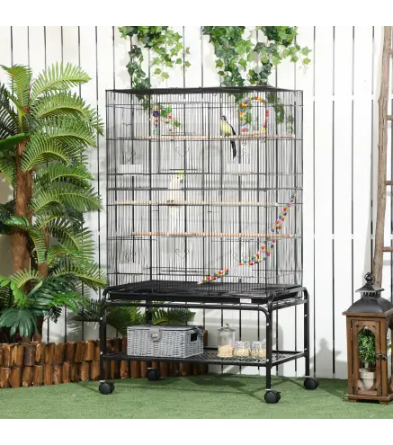 Jaula para Pájaros con Ruedas 79x49x133 cm Pajarera Metálico con 4 Comederos 3 Perchas Juguetes para Periquitos Negro