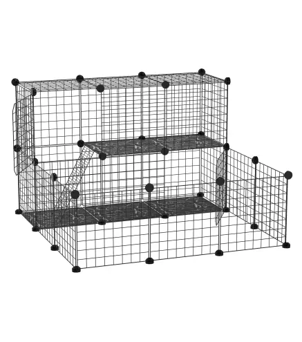 Jaula Modular para Animales Pequeños con 24 Paneles 2 Puertas para Cobayas Conejos Chinchillas 105x105x70cm Negro
