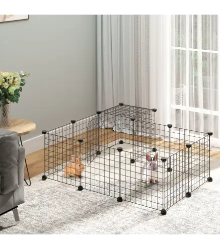 Jaula Modular para Animales Pequeños con 24 Paneles 2 Puertas para Cobayas Conejos Chinchillas 105x105x70cm Negro