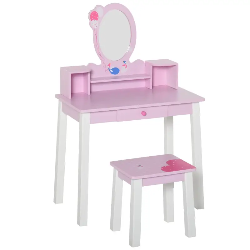Tocador Infantil con Taburete y Espejo tipo Princesa Mesita de Maquillaje de Madera Rosa Juguete para Niñas 60x34x93 cm