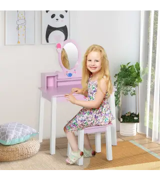Tocador Infantil con Taburete y Espejo tipo Princesa Mesita de Maquillaje de Madera Rosa Juguete para Niñas 60x34x93 cm