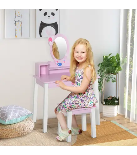 Tocador Infantil con Taburete y Espejo tipo Princesa Mesita de Maquillaje de Madera Rosa Juguete para Niñas 60x34x93 cm