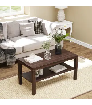 Mesa de Centro Moderna Mesa Baja con 2 Estantes de Almacenamiento Mesita para Salón Carga 20 kg 90x45x44,5 cm Nogal