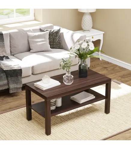Mesa de Centro Moderna Mesa Baja con 2 Estantes de Almacenamiento Mesita para Salón Carga 20 kg 90x45x44,5 cm Nogal