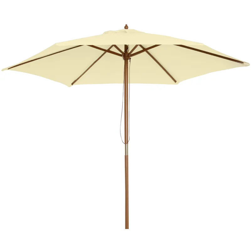 Sombrilla Parasol de Madera 250x230 cm para Exterior con 6 Varillas Sistema de Polea Color Crema