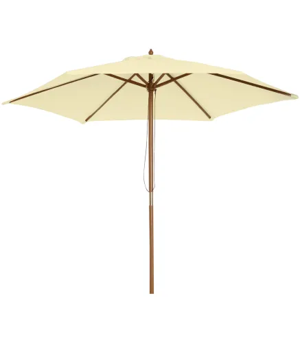 Sombrilla Parasol de Madera 250x230 cm para Exterior con 6 Varillas Sistema de Polea Color Crema