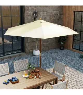 Sombrilla Parasol de Madera 250x230 cm para Exterior con 6 Varillas Sistema de Polea Color Crema