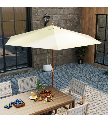 Sombrilla Parasol de Madera 250x230 cm para Exterior con 6 Varillas Sistema de Polea Color Crema