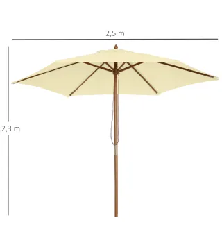 Sombrilla Parasol de Madera 250x230 cm para Exterior con 6 Varillas Sistema de Polea Color Crema
