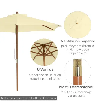 Sombrilla Parasol de Madera 250x230 cm para Exterior con 6 Varillas Sistema de Polea Color Crema