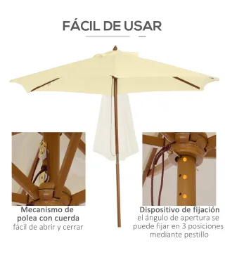 Sombrilla Parasol de Madera 250x230 cm para Exterior con 6 Varillas Sistema de Polea Color Crema
