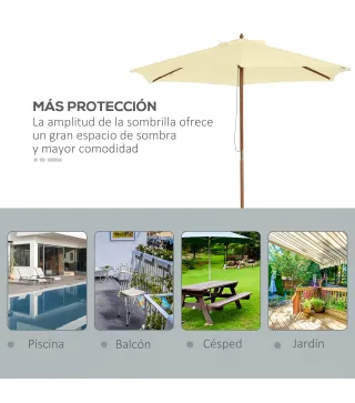 Sombrilla Parasol de Madera 250x230 cm para Exterior con 6 Varillas Sistema de Polea Color Crema