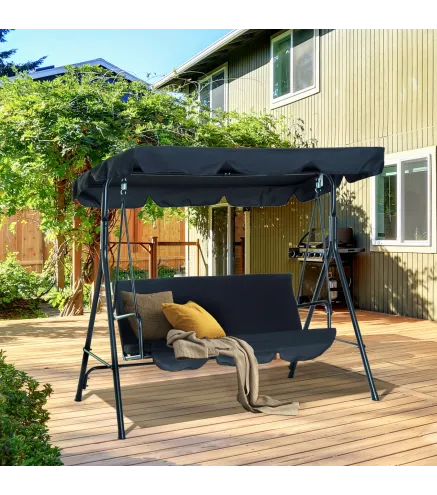 Balancín de Jardín con Techo Ajustable en Ángulo Carga Máx. 200 kg Acero 172x110x153 cm Negro