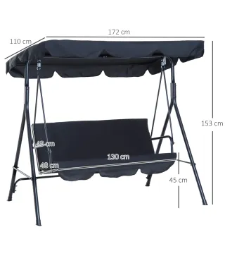 Balancín de Jardín con Techo Ajustable en Ángulo Carga Máx. 200 kg Acero 172x110x153 cm Negro