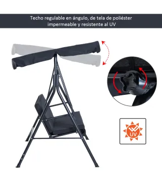 Balancín de Jardín con Techo Ajustable en Ángulo Carga Máx. 200 kg Acero 172x110x153 cm Negro