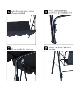 Balancín de Jardín con Techo Ajustable en Ángulo Carga Máx. 200 kg Acero 172x110x153 cm Negro