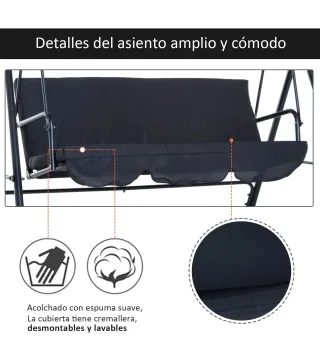 Balancín de Jardín con Techo Ajustable en Ángulo Carga Máx. 200 kg Acero 172x110x153 cm Negro
