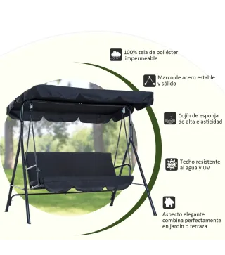 Balancín de Jardín con Techo Ajustable en Ángulo Carga Máx. 200 kg Acero 172x110x153 cm Negro
