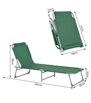 Cama de Camping Plegable con Respaldo Ajustable en 4 Niveles Carga 120 kg para Playa Jardín Piscina 187x58x28 cm Verde