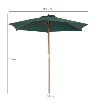 Sombrilla Parasol de Madera Ø250x230cm para Exterior con 6 Varillas Sistema de Polea Color Verde