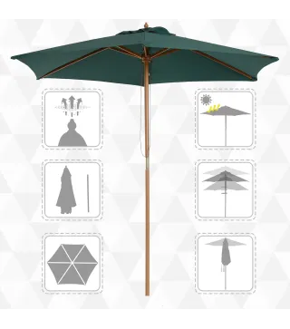 Sombrilla Parasol de Madera Ø250x230cm para Exterior con 6 Varillas Sistema de Polea Color Verde