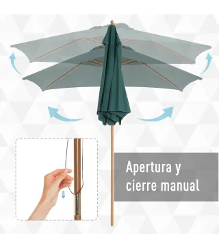 Sombrilla Parasol de Madera Ø250x230cm para Exterior con 6 Varillas Sistema de Polea Color Verde