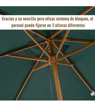 Sombrilla Parasol de Madera Ø250x230cm para Exterior con 6 Varillas Sistema de Polea Color Verde