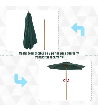 Sombrilla Parasol de Madera Ø250x230cm para Exterior con 6 Varillas Sistema de Polea Color Verde