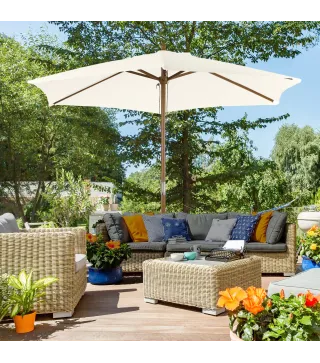 Sombrilla Parasol de Madera Ø250x230cm para Exterior con 6 Varillas Sistema de Polea Color Blanco