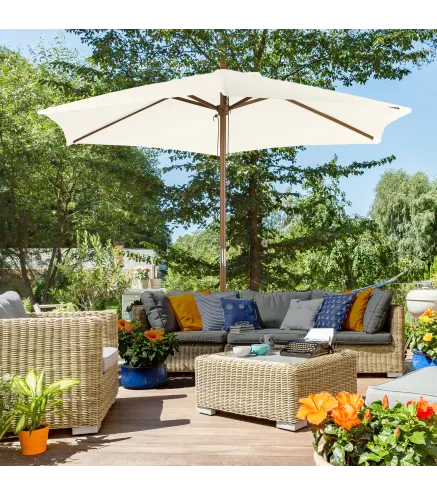 Sombrilla Parasol de Madera Ø250x230cm para Exterior con 6 Varillas Sistema de Polea Color Blanco