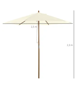 Sombrilla Parasol de Madera Ø250x230cm para Exterior con 6 Varillas Sistema de Polea Color Blanco
