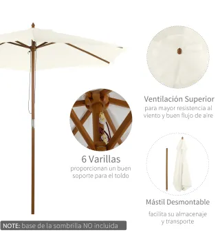 Sombrilla Parasol de Madera Ø250x230cm para Exterior con 6 Varillas Sistema de Polea Color Blanco