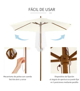 Sombrilla Parasol de Madera Ø250x230cm para Exterior con 6 Varillas Sistema de Polea Color Blanco