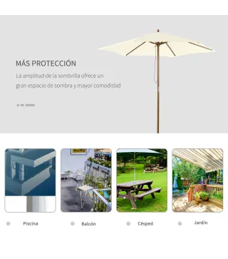 Sombrilla Parasol de Madera Ø250x230cm para Exterior con 6 Varillas Sistema de Polea Color Blanco