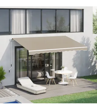 Toldo Manual 395x245 cm con Manivela Toldo Balcón Patio Terraza de Aluminio y Tejido Poliéster 280 g/m² Anti-UV Beige