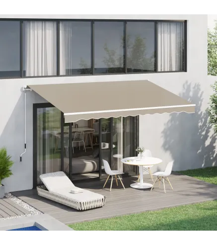 Toldo Manual 395x245 cm con Manivela Toldo Balcón Patio Terraza de Aluminio y Tejido Poliéster 280 g/m² Anti-UV Beige