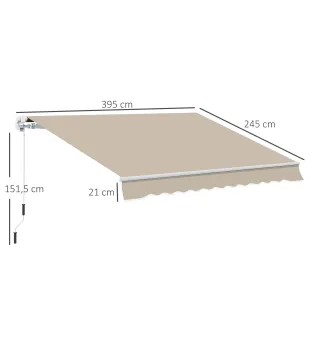 Toldo Manual 395x245 cm con Manivela Toldo Balcón Patio Terraza de Aluminio y Tejido Poliéster 280 g/m² Anti-UV Beige
