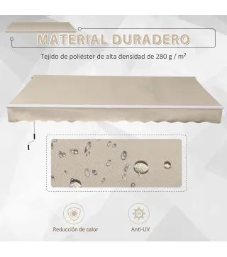 Toldo Manual 395x245 cm con Manivela Toldo Balcón Patio Terraza de Aluminio y Tejido Poliéster 280 g/m² Anti-UV Beige