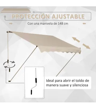 Toldo Manual 395x245 cm con Manivela Toldo Balcón Patio Terraza de Aluminio y Tejido Poliéster 280 g/m² Anti-UV Beige
