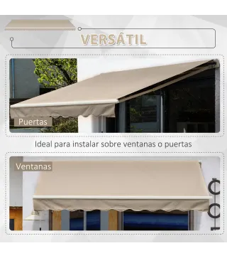 Toldo Manual 395x245 cm con Manivela Toldo Balcón Patio Terraza de Aluminio y Tejido Poliéster 280 g/m² Anti-UV Beige