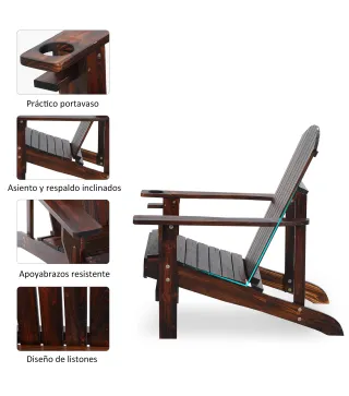 Silla Adirondack de Madera con Reposabrazos y Respaldo Alto para Terraza Balcón Exterior 72x95x93 cm Marrón