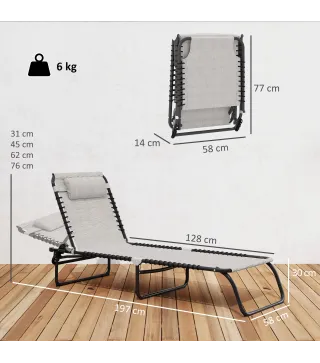 Tumbona Plegable, Tumbona Jardín Exterior Reclinable 4 Posiciones con Reposacabezas y Marco de Acero, Carga 120 kg, para Terraza